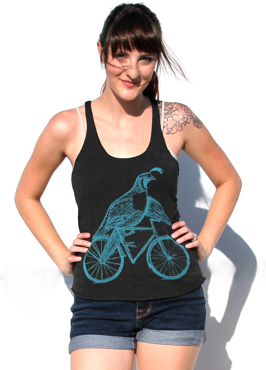 Womens racerback QUAIL Sleeveless BICYCLE Tri-Blend Custom Screenprinted American Apparel Tank Top S M L XL (Tri-Black)