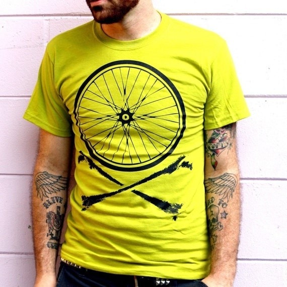 Bike Wheel and Crossbones T-Shirt - Chartreuse Shirt with Black Bicycle Print TShirt - Available in XS, S, M, L, XL and XXL