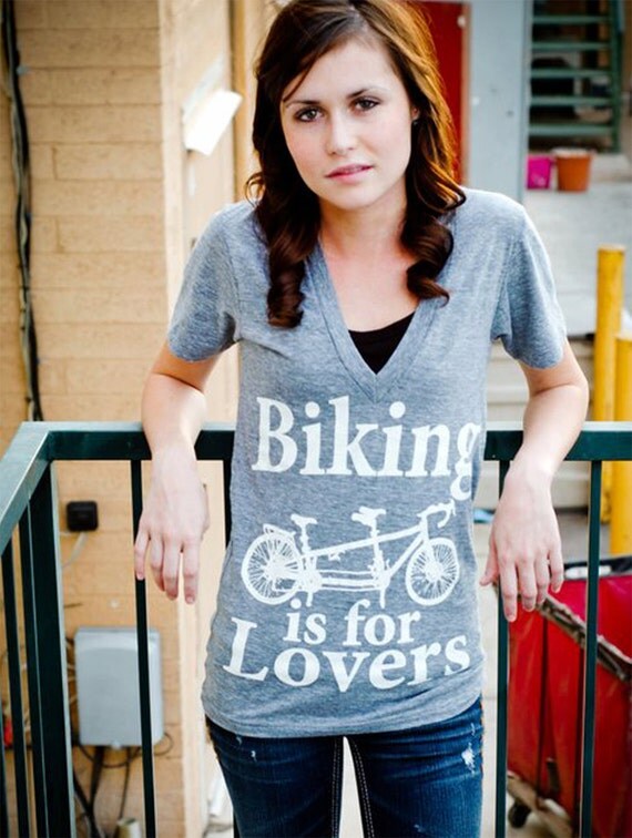 Biking is for Lovers - Tandem Bicycle TShirt - Tri-Blend Heather Gray V-Neck - Available in XS, S, M, L, and XL - Bike Shirt