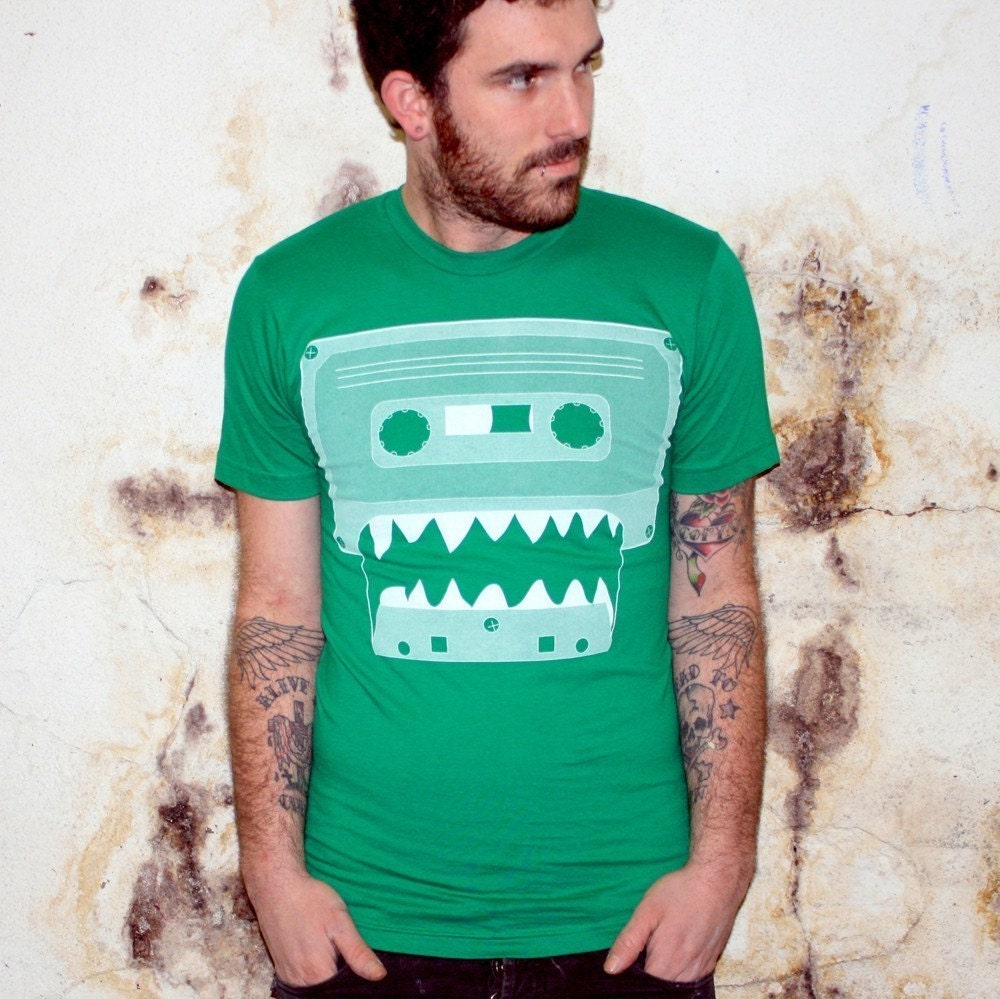 Cassette Tape Monster - American Apparel TShirt - FREE SHIPPING - Kelly Green - Available in XS, S, M, L, and XL