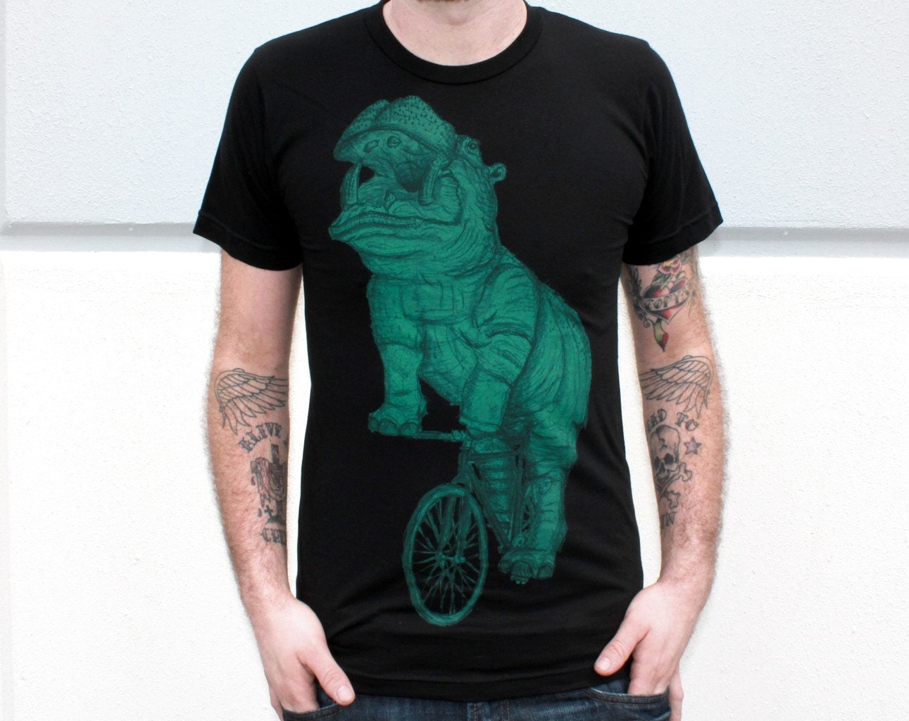 Hippo on Bicycle - American Apparel Black TShirt - Available in sizes XS, S, M, L, XL and XXL - Complimentary Shipping