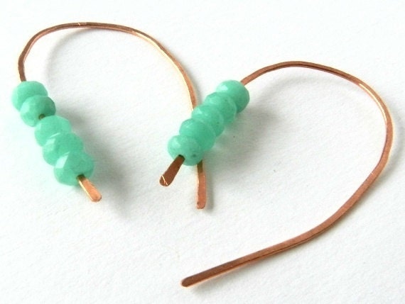 Copper Hoop Earrings Apple Green Color Gem Beads
