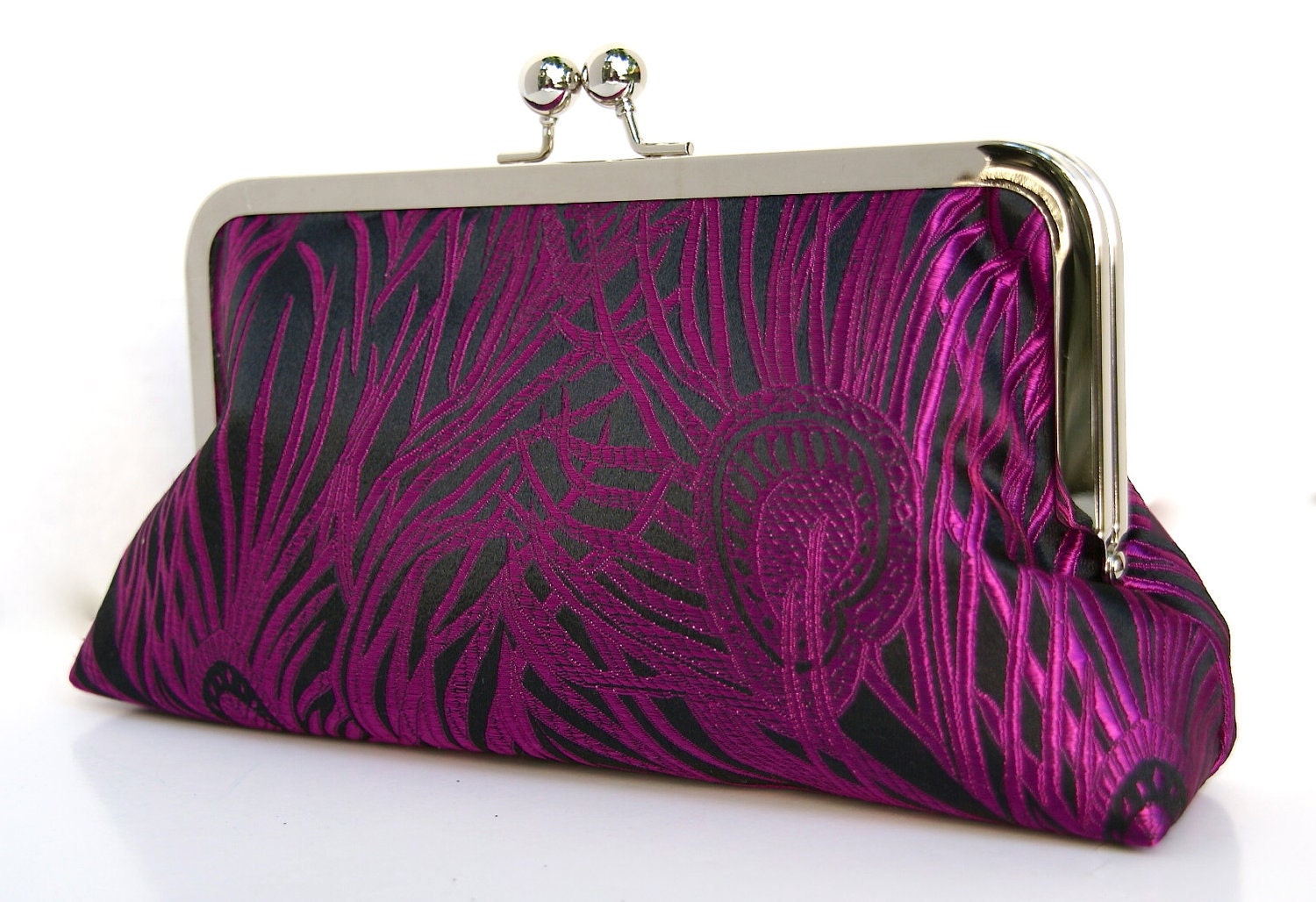 Peacock Clutch In Silk Brocade Fuchsia Custom Made for Gift or Bridesmaids with Silver Ball Clasp Frame