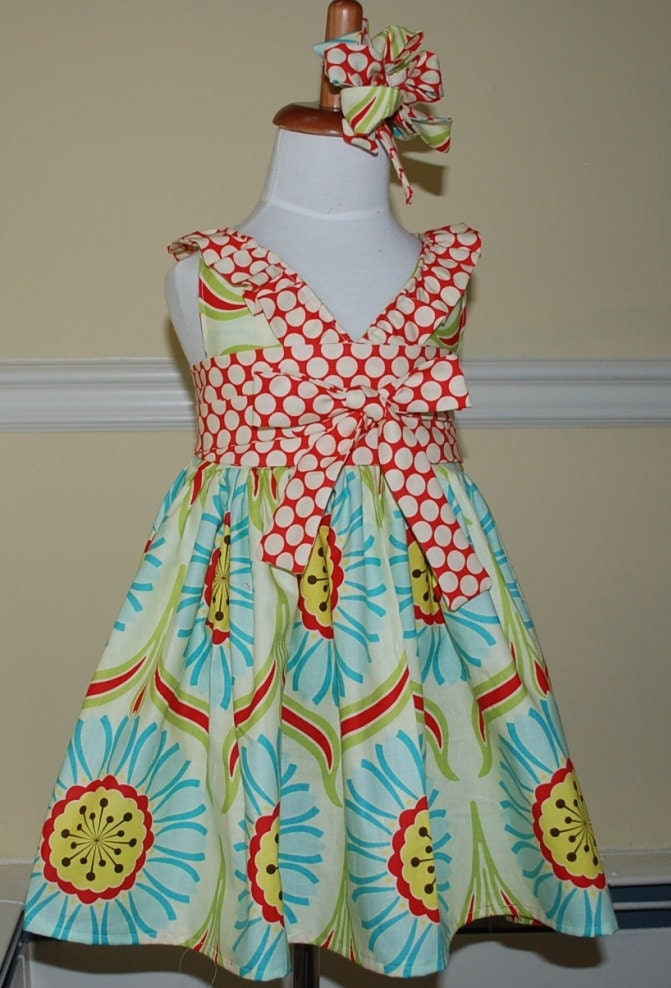 Kyoto dress in Pop Garden fabric with ruffle and obi sash