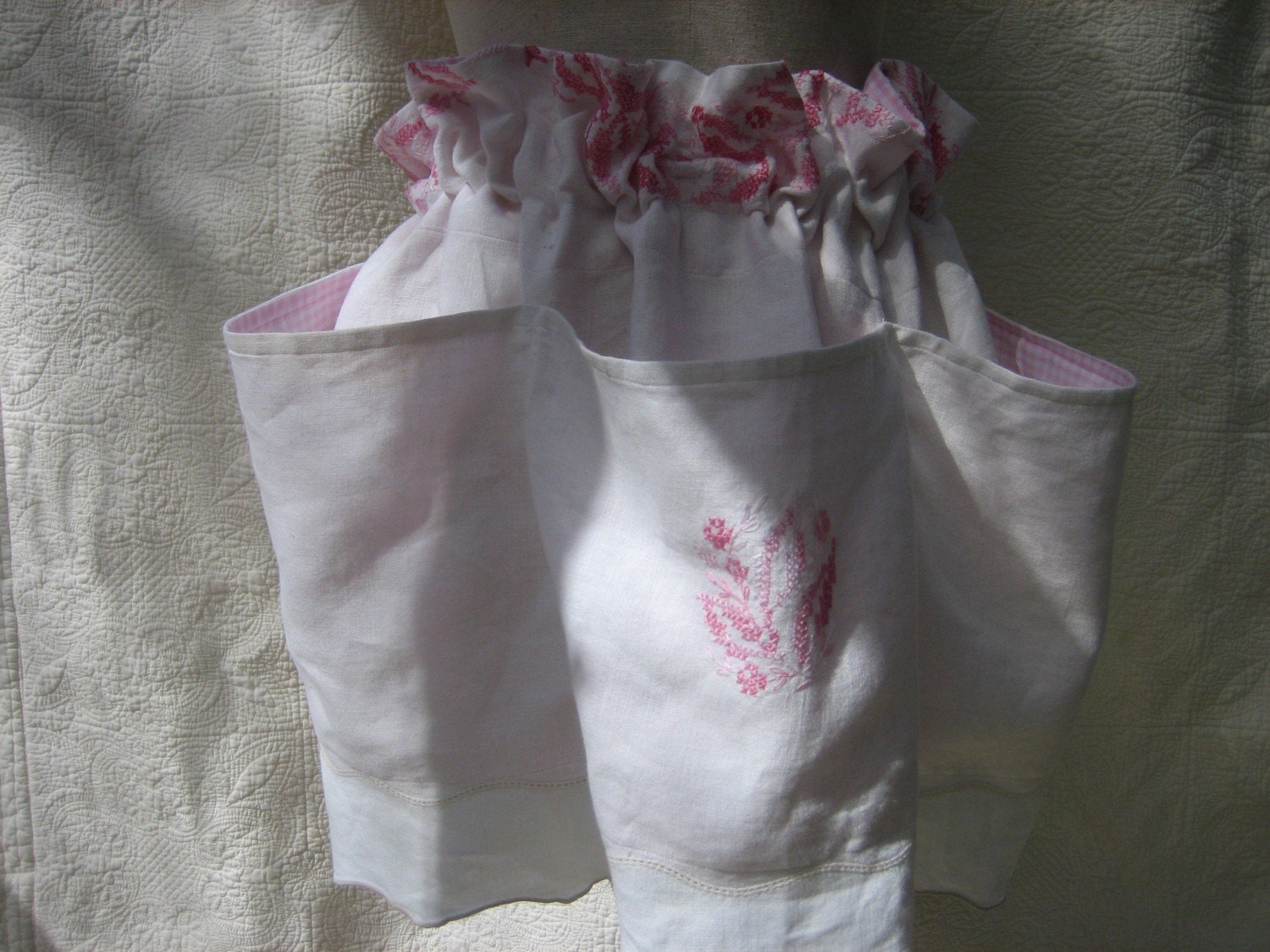 Lined Knitting Half Apron with Oversized Pockets for Yarn and Knitting Needles made from Vintage cloth. Perfect anniversary gift.