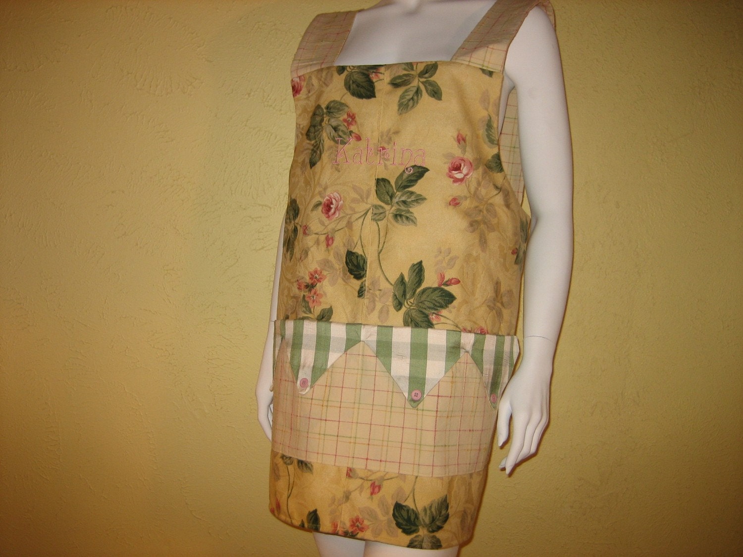 Katrina Floral Apron with Open Back Strap and Embroidered Name on Bib