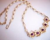 Vintage Faux Pearl Bead & Amethyst Rhinestone Flower Necklace