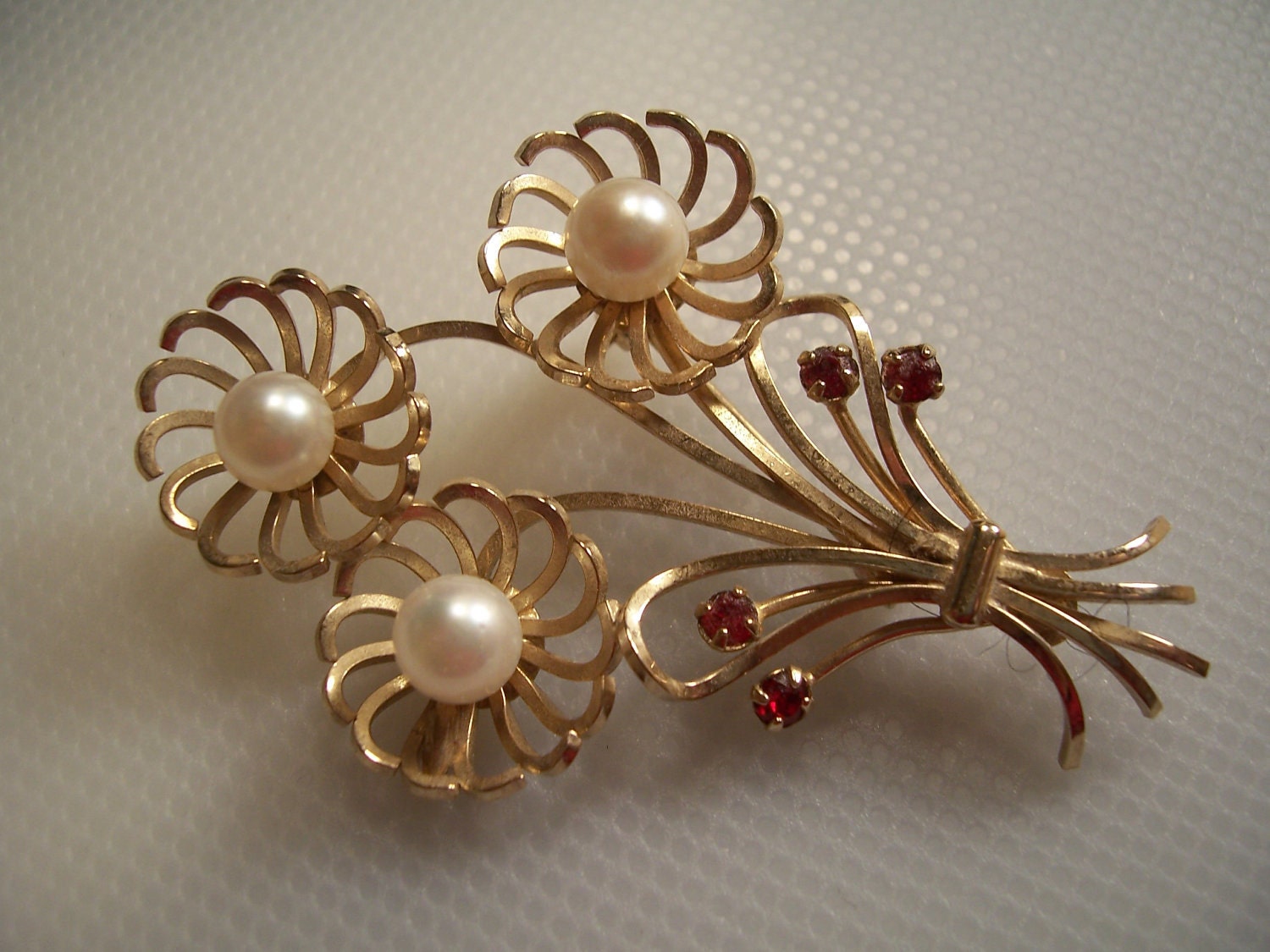 Vintage DCE Douglas C Eaton 14kt GF Pearl Semi Precious Ruby Flower Bouquet Brooch Pin