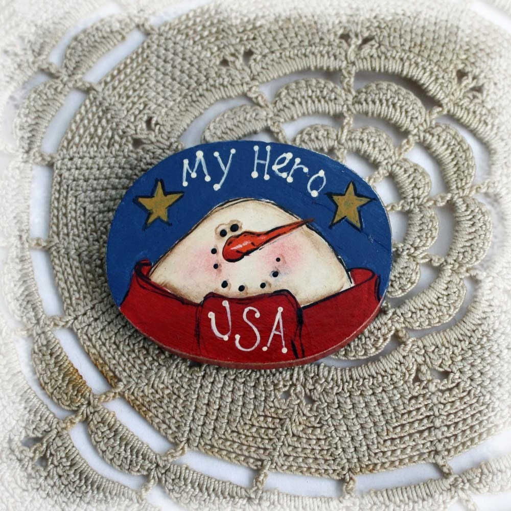 Primitive Hand Painted Wood Magnet Snowman USA