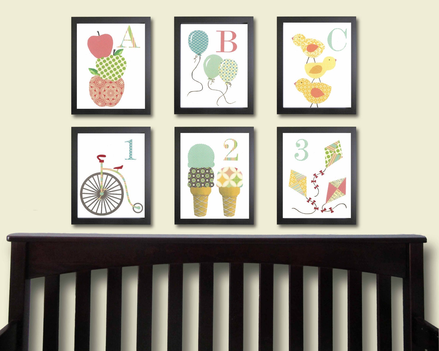 Children decor.  Nursery art.  Number and Letter Wall Art.  Alphabet Prints.  Baby Art.  Set of 6 11x14.  Kids wall art.
