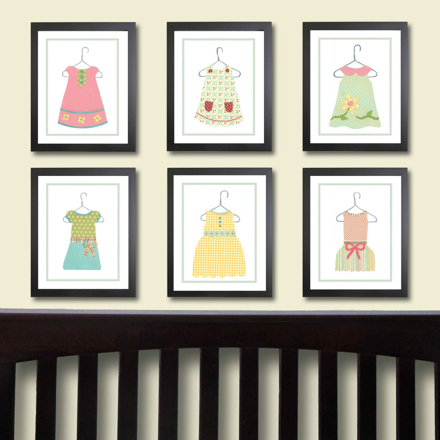 Baby Girl Nursery Art - Wall Art, Dress Art, Nursery Prints, Children Decor, Kids Wall Art, Set of 6 8 x 10