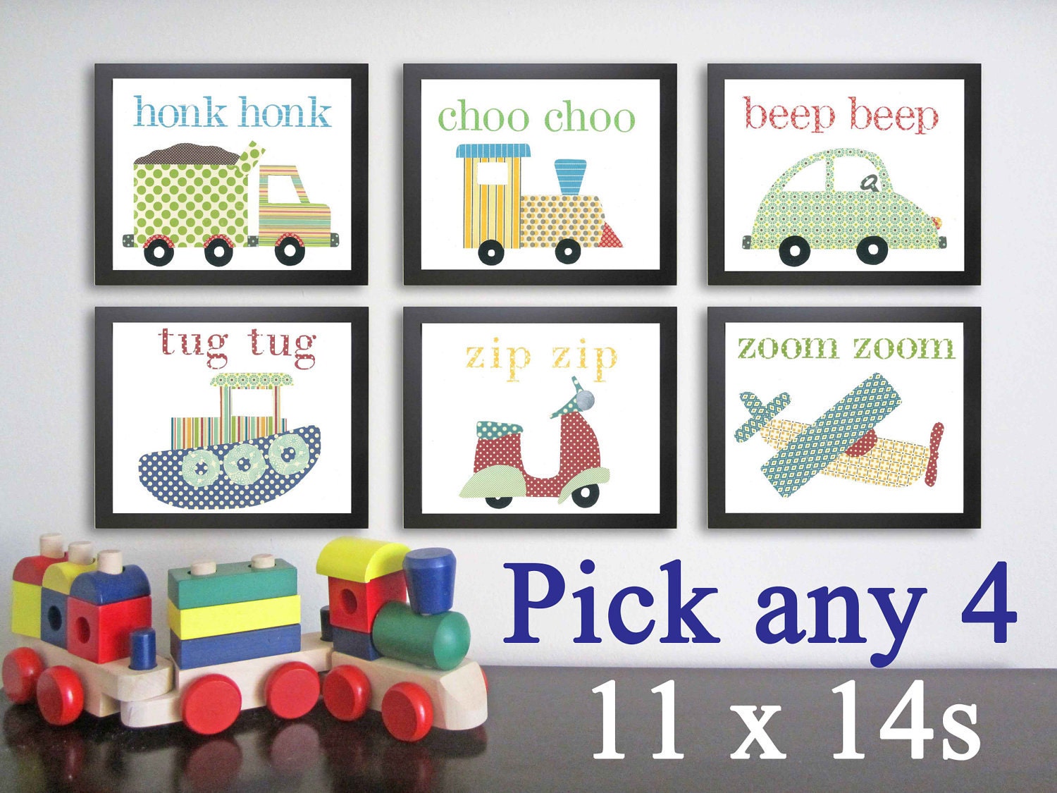 Transportation Nursery Art Prints. Children decor. Children's Art (4) 11x14. Baby boy art. Kid wall art. Vehicle decor. Truck, car, boat.