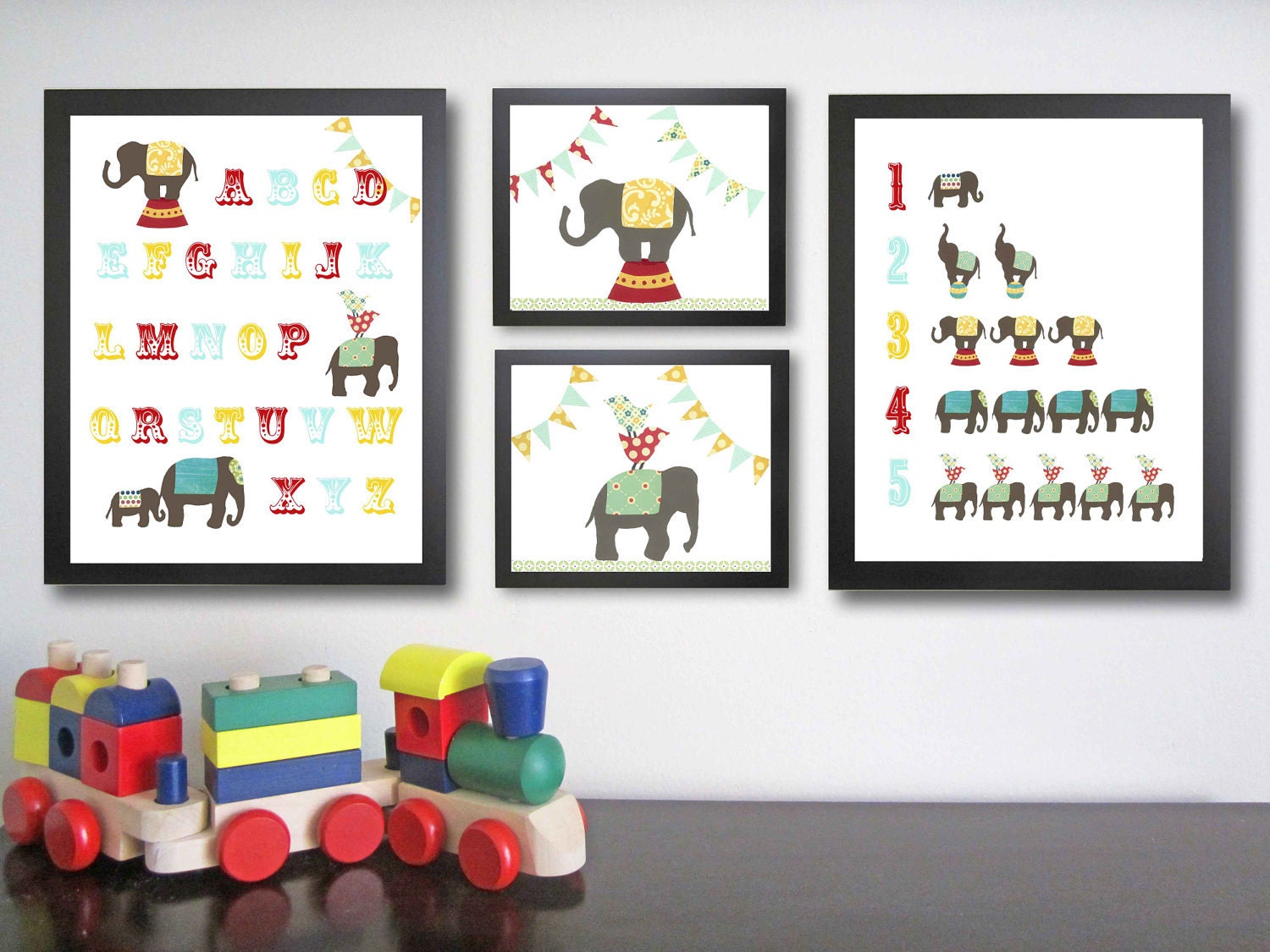 Nursery Art Prints. Children decor. Circus Elephant Decor. Children's Art. Kid wall art. Alphabet poster.  Letter and number art.