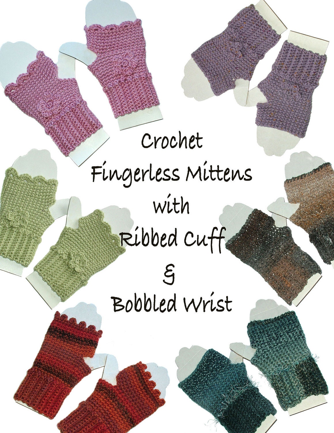 Crochet Fingerless Mittens with Ribbed Cuff & Bobble Wrist  PDF Pattern Instant Digital download