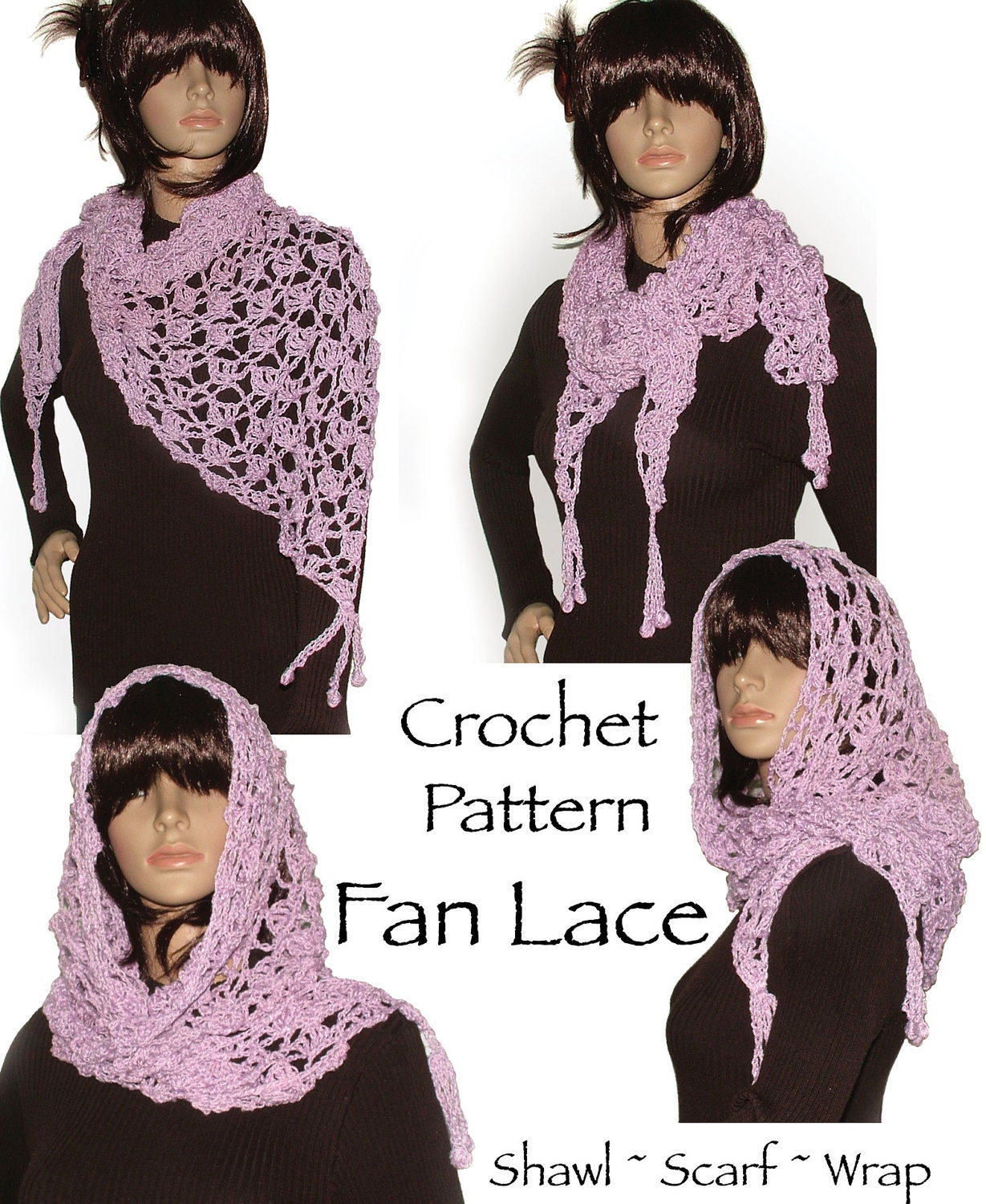 Crochet Lace Fan Pattern Shawl Wrap Scarf Instant Digital PDF download