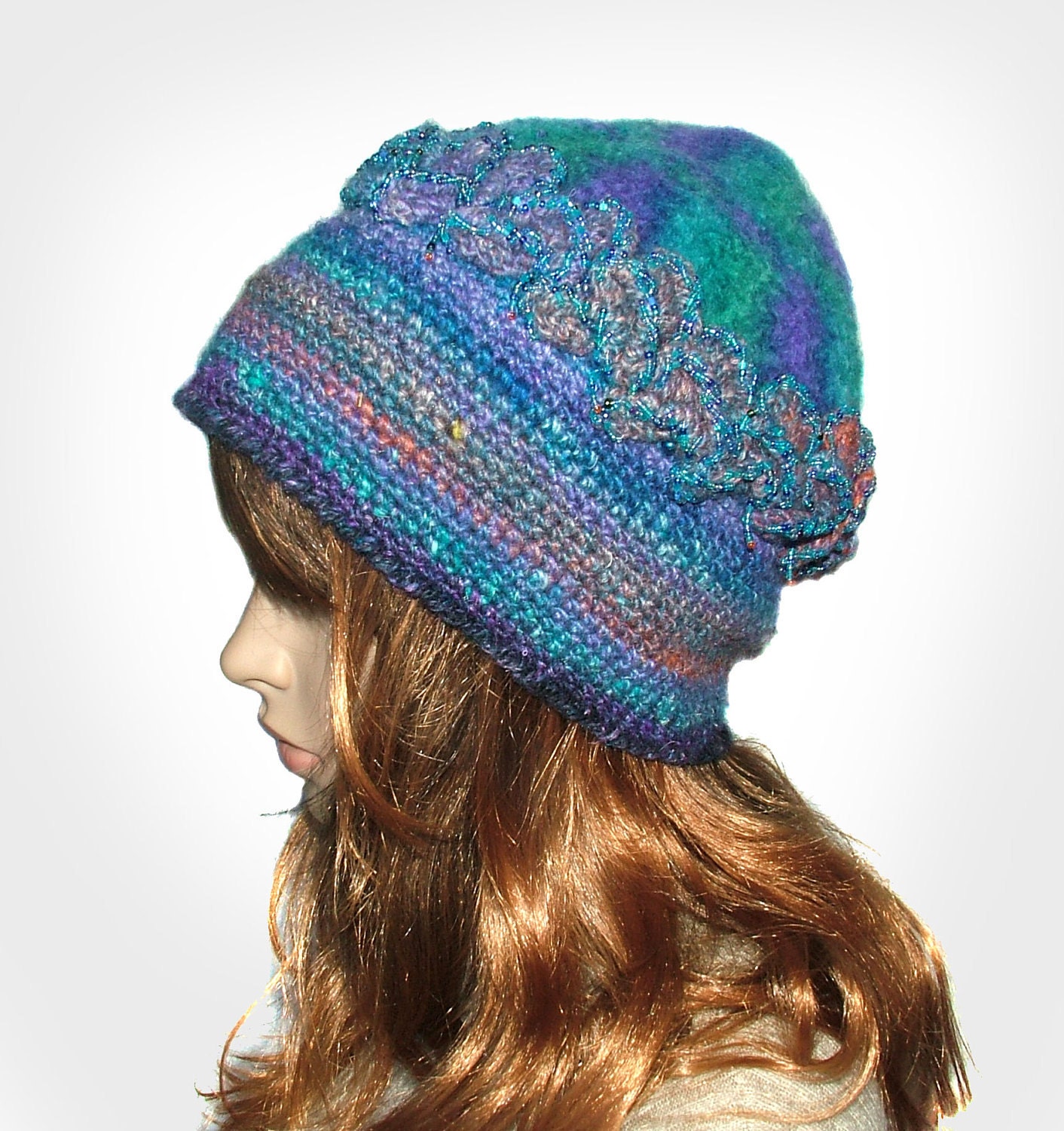 Blue Purple Freeform Crochet Felt Beaded Womens Beanie Hat OOAK