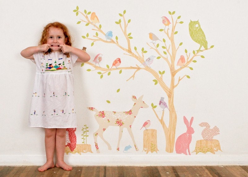 Wall Decals Woodland (Reusable and removable fabric stickers, not vinyl) - Discount set - Girly Woodland Scene