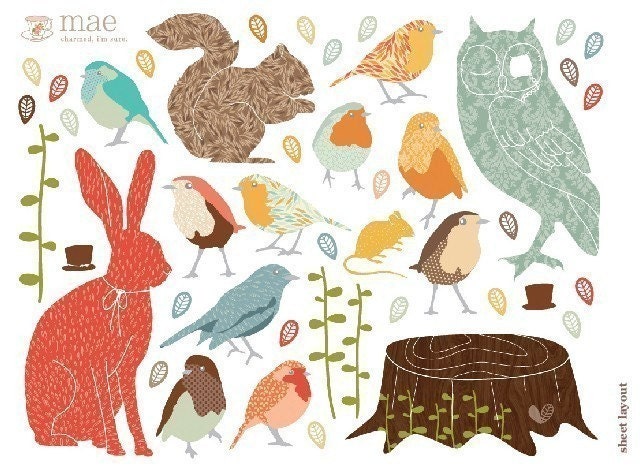 Wall Decals Woodland (Reusable and removable fabric stickers, not vinyl) - Retro Forest Critters