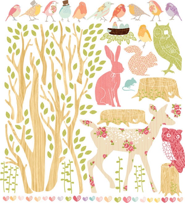 Wall Decals Woodland (Reusable and removable fabric stickers, not vinyl) - Discount set - Girly Woodland Scene