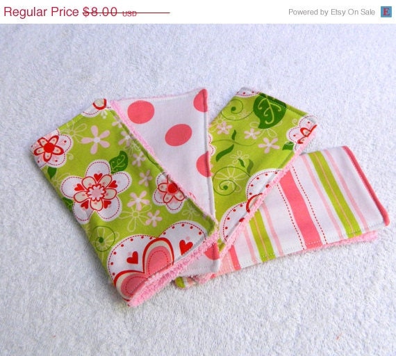 On Sale Girl Wash Cloths -Pink, Green, & White Flowers, Stripes and Dots Reusable Wipes - Set of 4