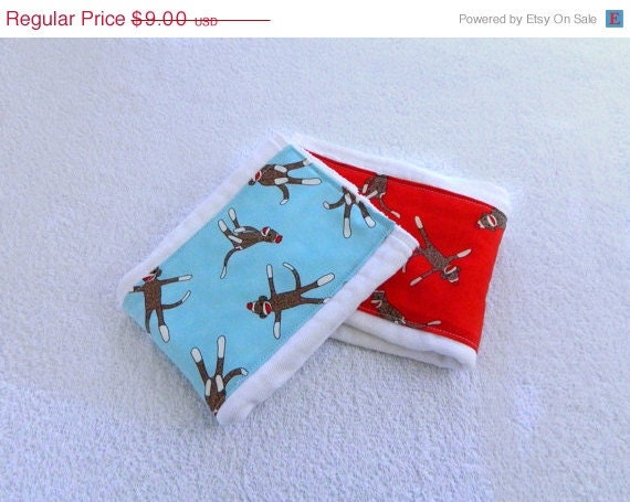 On Sale Sock Monkey Burp Cloth- Red & Blue- set of 2