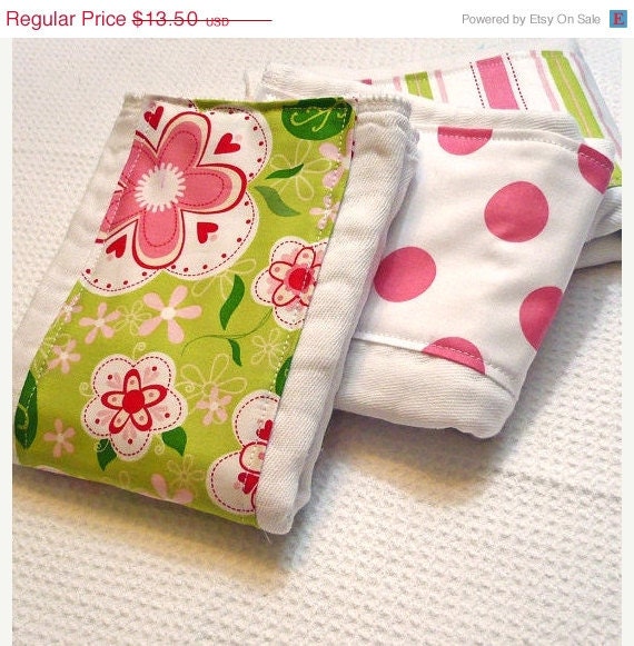 On Sale Girls Burp Cloths - Pink, Green, & White Flowers, Stripes, and Dots - set of 3