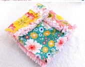 On Sale Girl Blanket - Pink, Red, Yellow, & Blue Rag Quilt Flowers and Stripes