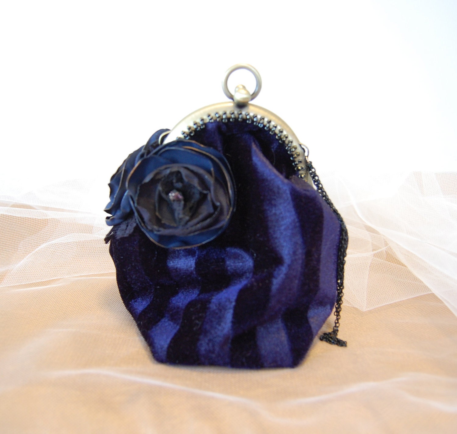 Dark Blue Velvet mini evening purse with hinged opening and hand beading