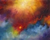 Night Sky Painting, Solar Rays, Abstract Skyscape, Space, Sun, Moon Original Art, Oil Painting by Marina Petro