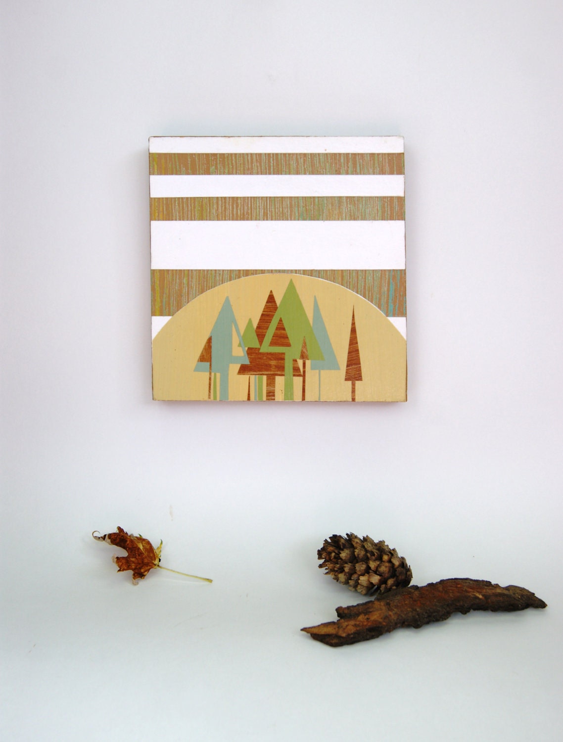 Original - BIOSPHERE Pines Nature Sage Brown Green Mod Stripes Retro Mid Century Modern Small  Mixed Media Painting