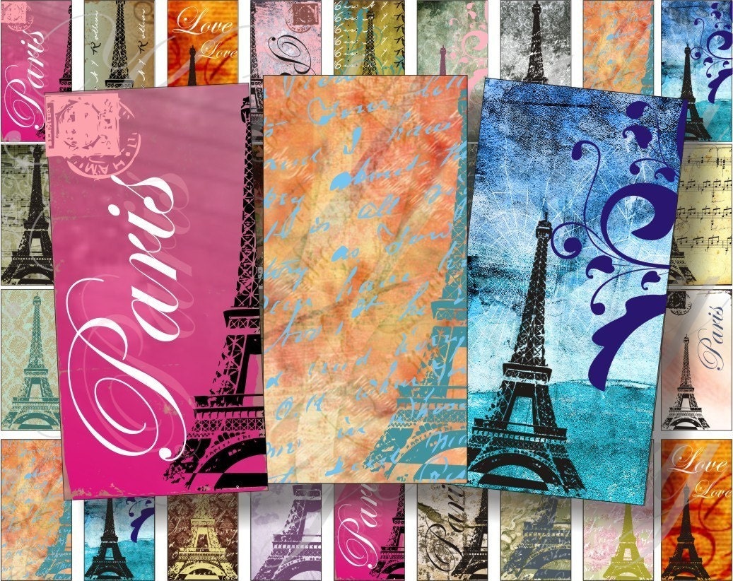 Romantic Paris 2x1 inches for pendant, scrapbook and more digital collage sheet No.227