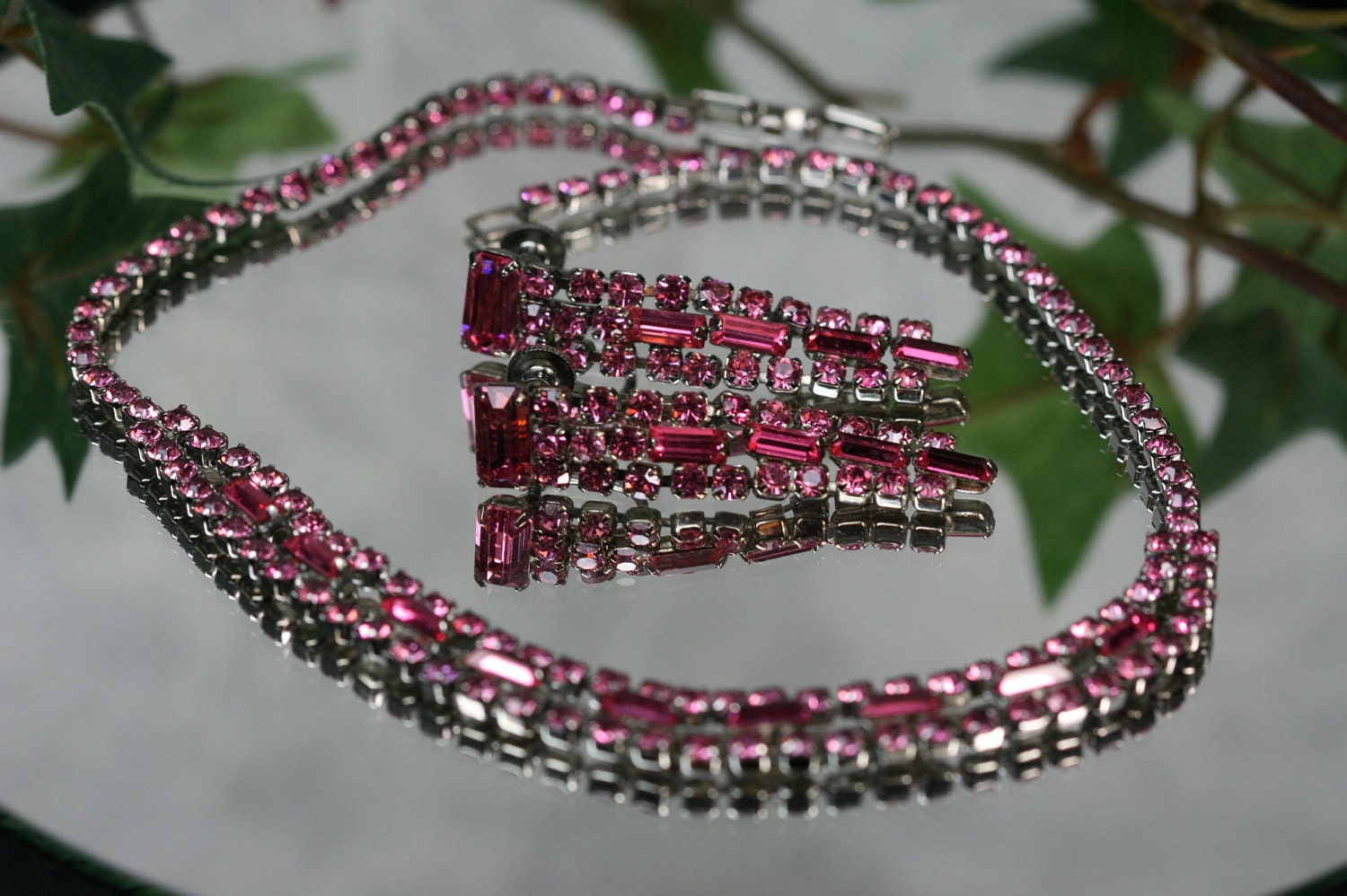 Vintage Silvertone and Pink Rhinestone Necklace and Earring Set