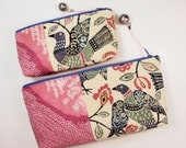 Recycled Kimono Clutch Bag and Eyeglass Case Set - Pink Shibori and Bird