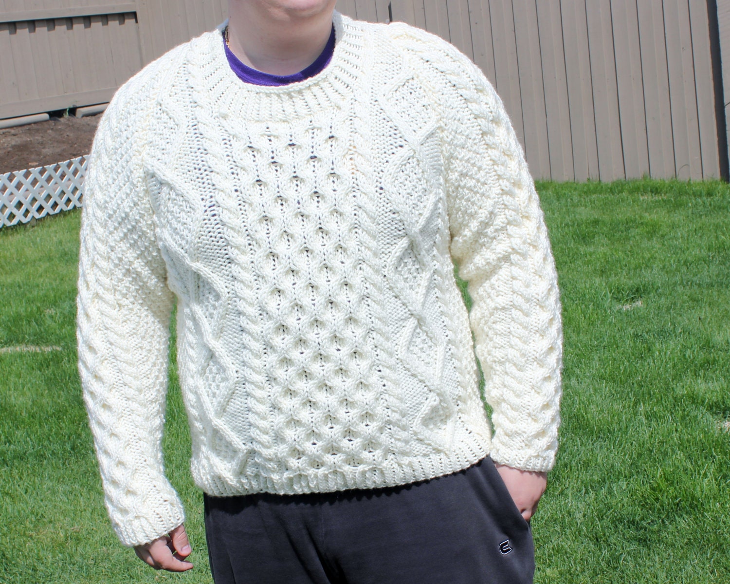 Ready to ship /Gorgeous Hand Knitted-HANDMADE Cream aran fisherman sweater for women or men/Unisex/ will fit size M to 2X Large