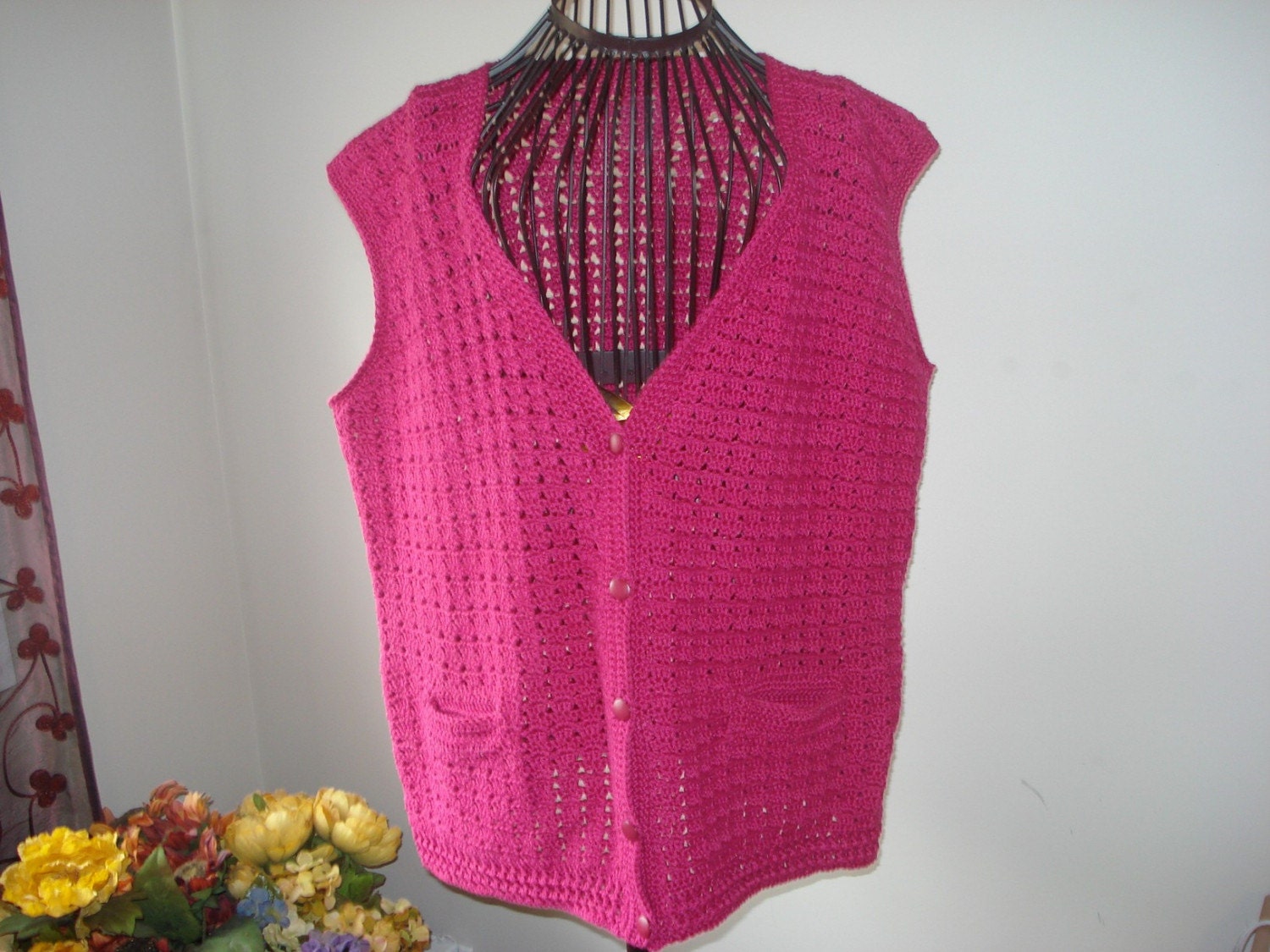 Ready to ship/ COTTON Fuchsia Flowered Vest/Breast Cancer Week