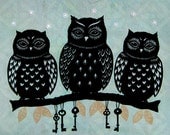Three Wise Owls - Cut Paper Art Print