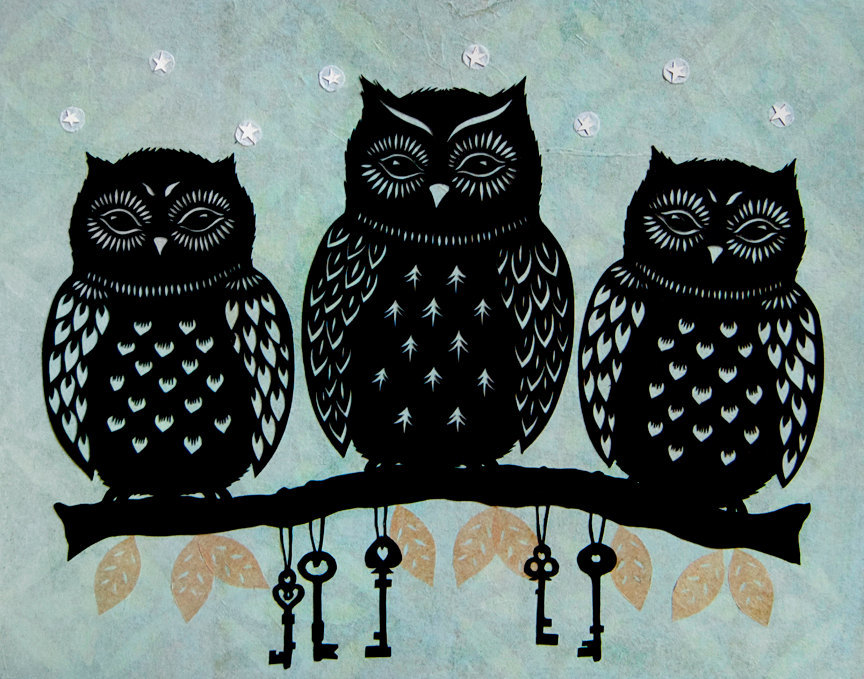 Three Wise Owls Cut Paper Art Print By Ruralpearl On Etsy