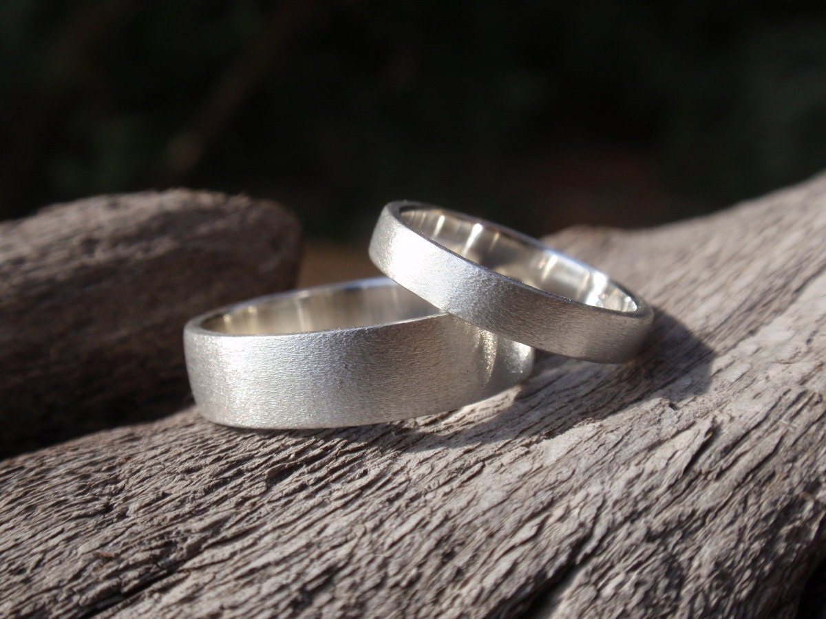 simple wedding rings - handmade wedding bands set with brush / satin finish in sterling silver - 5mm & 3mm - made to order