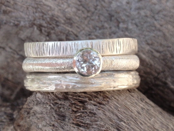 engagement ring set in sterling silver - 4mm natural white topaz gemstone - stacking rings set of 3 - made to order
