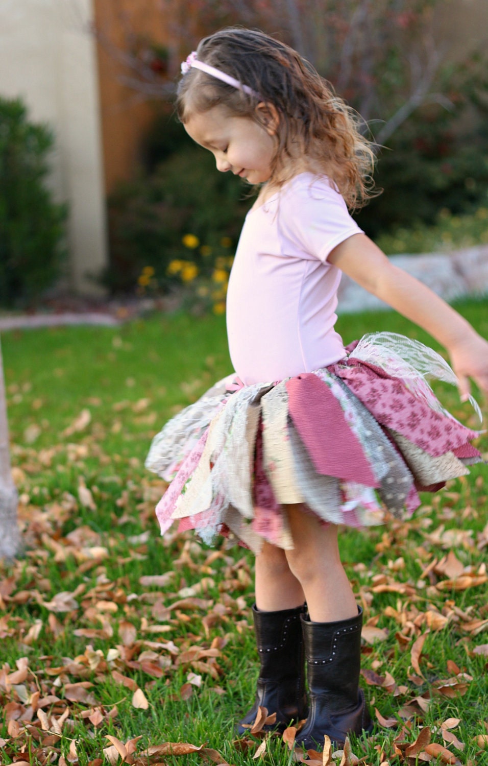 Fabric Scraps Tutu Skirt Shabby Chic Pink and Brown  Made to Order size Newborn to 4T