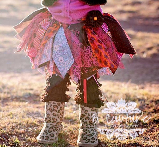Fabric Scraps Tutu Skirt Shabby Chic Orange Pink and Brown MADE TO ORDER size Newborn to 4T