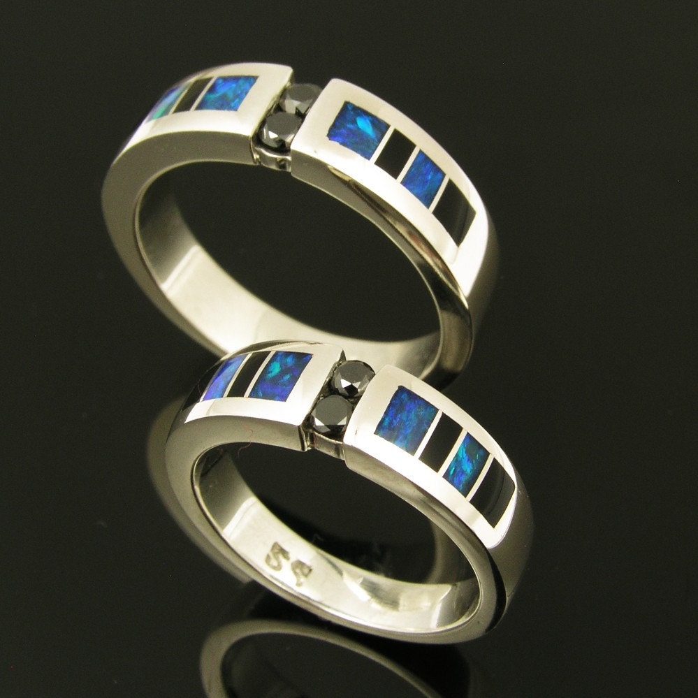Black diamond sterling wedding set inlaid with onyx and opal.