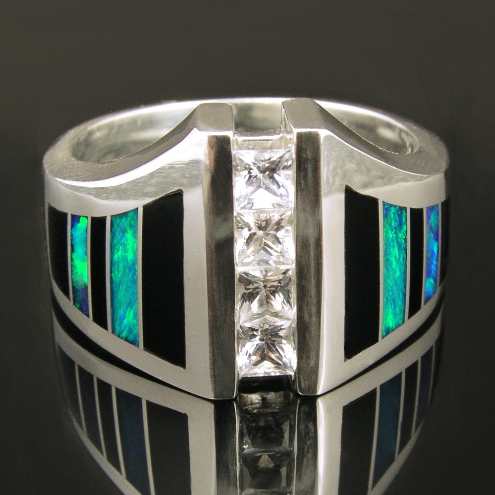 Man's white sapphire ring inlaid with onyx and Australian opal.