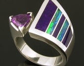 Ladies amethyst sterling silver ring inlaid with Australian opal and sugilite
