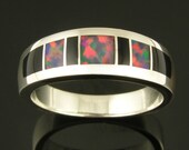Sterling silver ring inlaid with lab created opal and black onyx