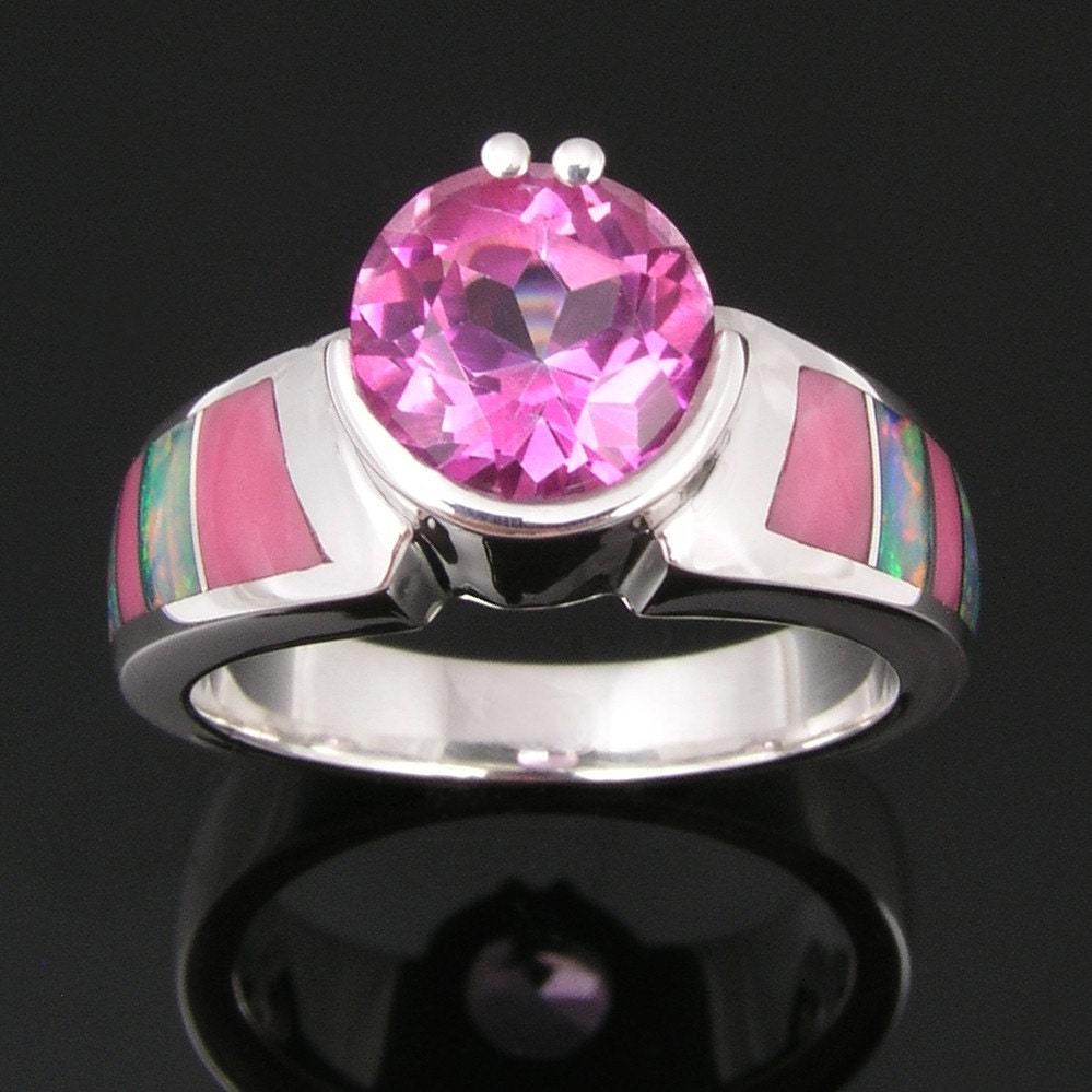 Australian opal inlay ring with pink topaz in sterling silver