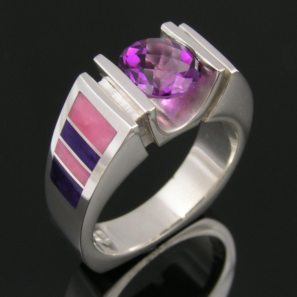 Sterling silver amethyst ring with sugilite and nambulite inlay