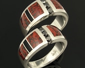 His and Her Wedding Ring Set with Dinosaur Bone and Black Diamonds
