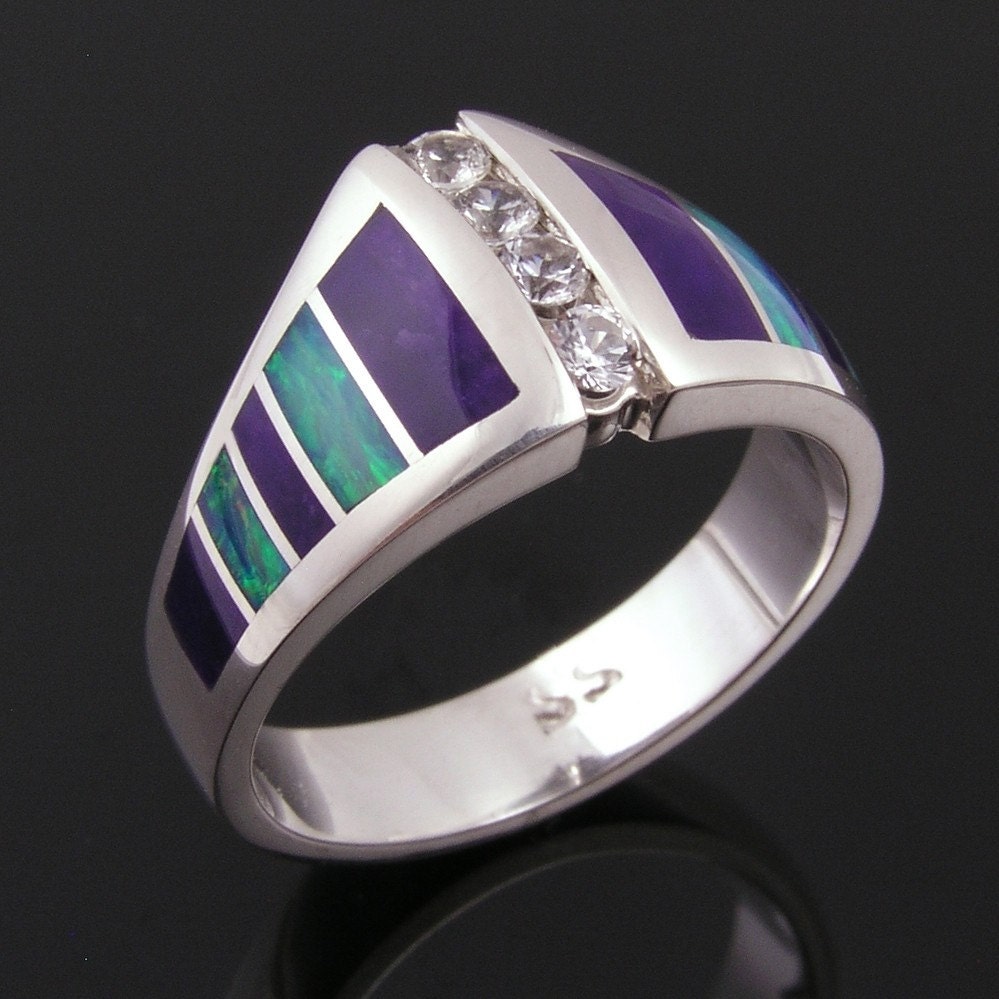 Australian opal and sugilite inlay ring with white sapphires