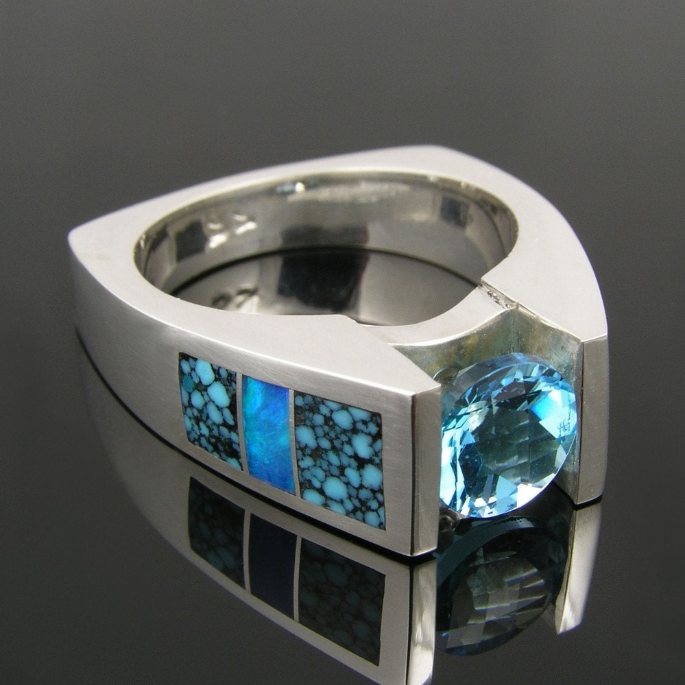 Spiderweb turquoise and opal ring with blue topaz